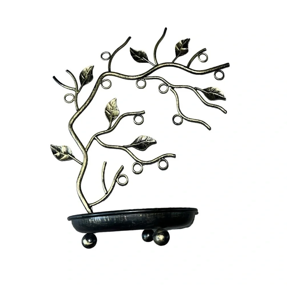 Beautiful Iron Jewelry Tree Display Organizer Metal Leaves Round Tray Base